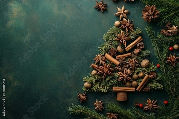 Fototapeta Christmas tree made of dried herbs and spices, cinnamon and the top is made of star anise, dark green background with copy space. Concept: New Year, edible Christmas trees, natural fragrances