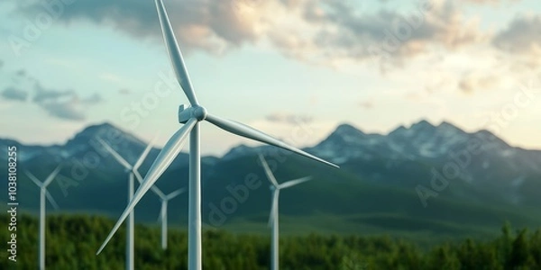 Fototapeta Scenic Wind Farm in Remote Green Field with Mountains