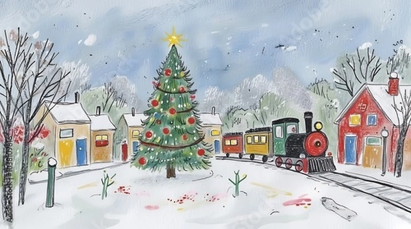 Fototapeta Christmas Card: a winter village adorned with snow, featuring cozy houses, a decorated Christmas tree, and festive atmosphere.