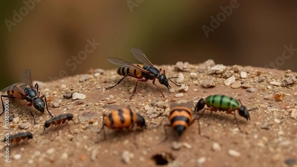 Obraz Colorful Insects Crawling on Brown Ground,
