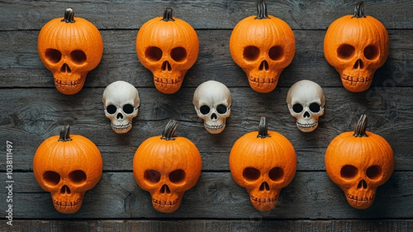 Fototapeta Carved pumpkins with skull like faces are arranged on rustic wooden background, creating spooky and festive atmosphere perfect for Halloween celebrations