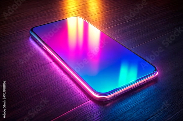 Obraz A sleek modern smartphone lying on a wooden table, glowing with vibrant, pulsating lights from the screen, the phone emits soft blue and purple neon like beams, casting a futuristic glow around it