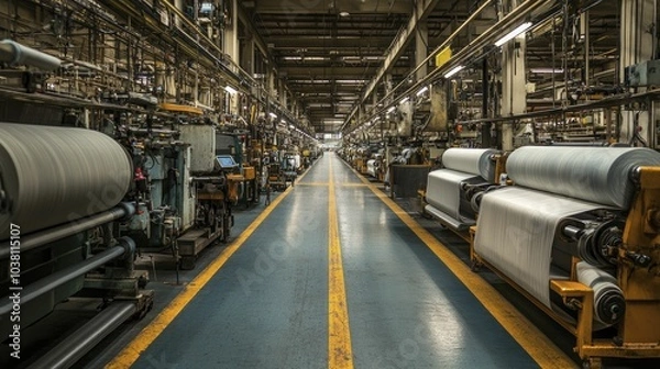 Obraz Machinery running within a textile factory, efficient arrangement, gentle fabric patterns, and ample illumination create a vibrant environment.