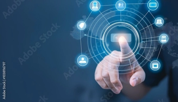 Fototapeta Finger pressing digital interface, blue background, abstract technology concept.