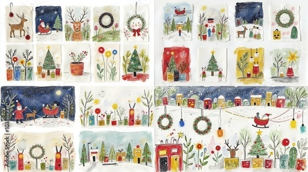 Obraz Christmas decorative banner with Santa Claus, Christmas trees, snowman, reindeers, bells, stockings, ornaments, snowflakes, snowy village, gifts,
