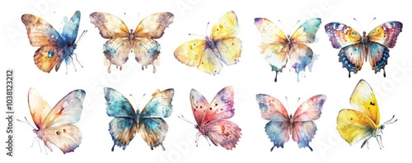 Fototapeta Colorful watercolor butterflies collection isolated on white background