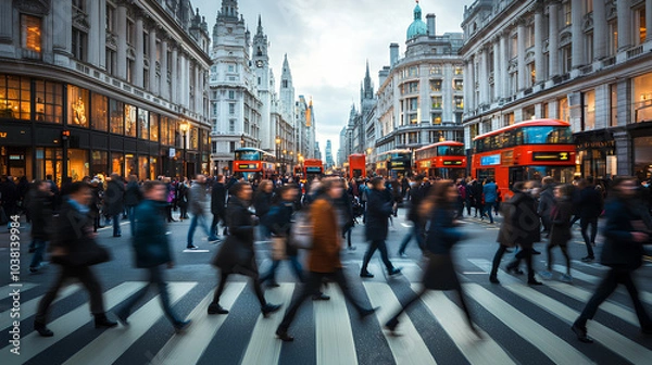 Fototapeta A blurred image of a crowd of people crossing a street in London with double-decker buses, buildings, and storefronts in the background.
