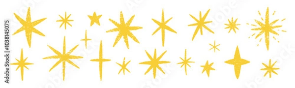 Obraz Set of stars, twinkle and spark with crayon, chalk or pastel texture. Yellow and drawn Kids vector illustration on a white background.