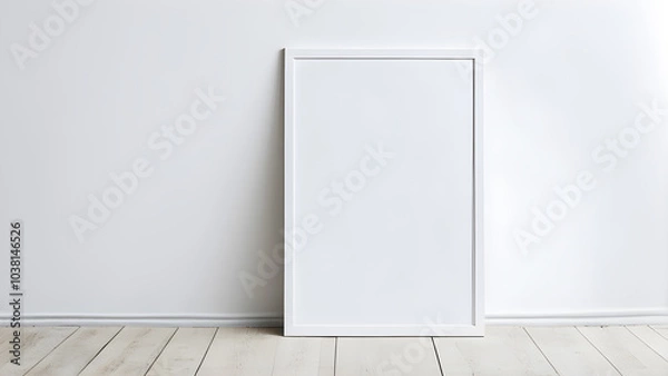 Obraz Blank white wooden rectangle vertical frame mockup on white wood floor for creative design against white background