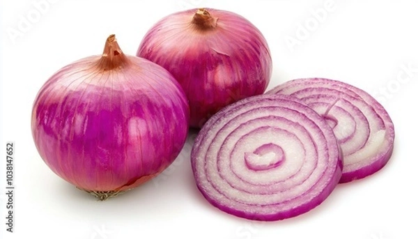 Fototapeta Two whole red onions and three sliced rings showcasing their vibrant color and texture.