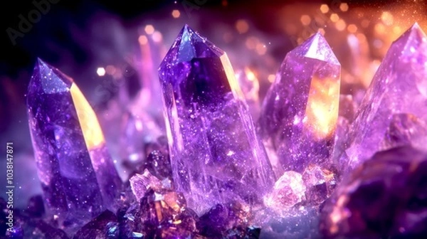 Fototapeta A stunning close-up of shimmering purple crystals set against a vibrant backdrop. The unique shapes and glowing facets create a magical atmosphere. Perfect for art and design. AI