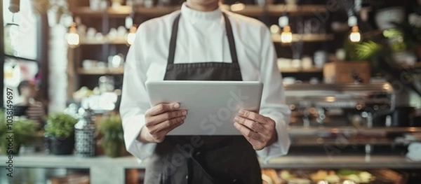 Obraz close up businessman entrepreneur owner restaurant manager holding tablet customer service