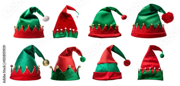 Fototapeta Colorful elf hats in green and red, perfect for festive celebrations and holiday spirit.