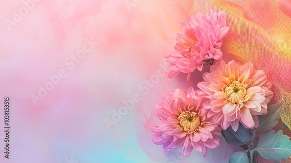Fototapeta Chrysanthemum flower plant bouquet with leaves Flat lay, top view, copy space. Unicorn background with rainbow net