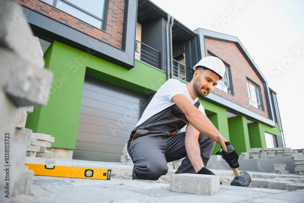 Fototapeta The master in gloves lays paving stones in layers. Garden brick pathway paving by professional paver worker. Laying gray concrete paving slabs in house courtyard on sand foundation base