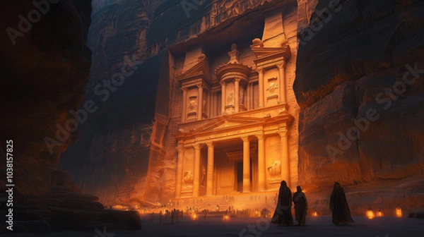 Fototapeta A night scene of Petra’s iconic Treasury, illuminated by the soft glow of lanterns, showcasing the intricate carvings of the sandstone façade.