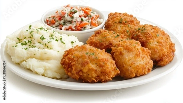 Obraz Delicious Fried Chicken with Mashed Potatoes and Coleslaw - Perfect Lunch Break Meal