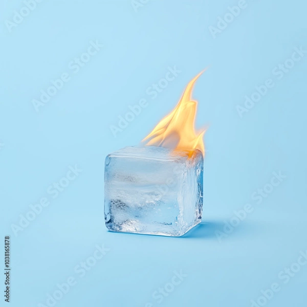 Obraz Burning ice cube paradoxically set aflame, defying natural expectations, isolated on pastel blue background. Minimal concept of contradiction, unexpected transformation, duality.