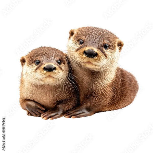 Fototapeta Two adorable otters, white isolate background