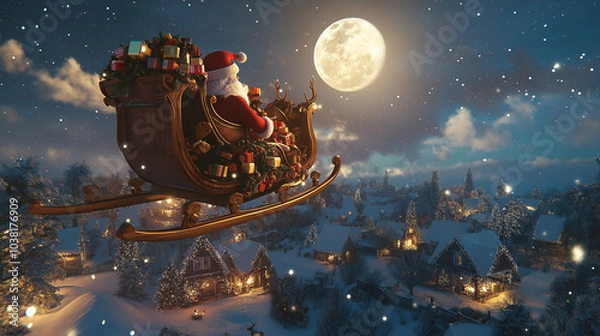 Fototapeta A 3D render of Santa Claus flying through the night sky in his sleigh