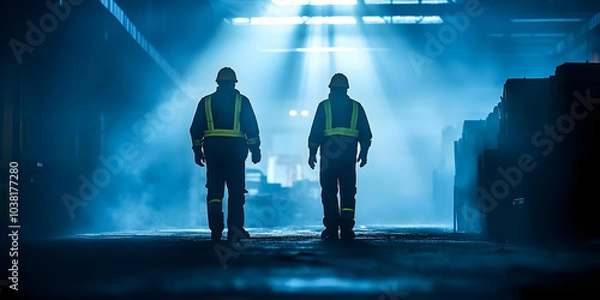 Fototapeta Two Silhouettes of Workers Walking Towards Light in a Factory.