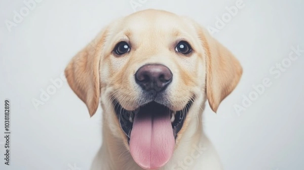 Fototapeta Yellow-furred puppy with bright eyes and tongue out, sitting against a white background.