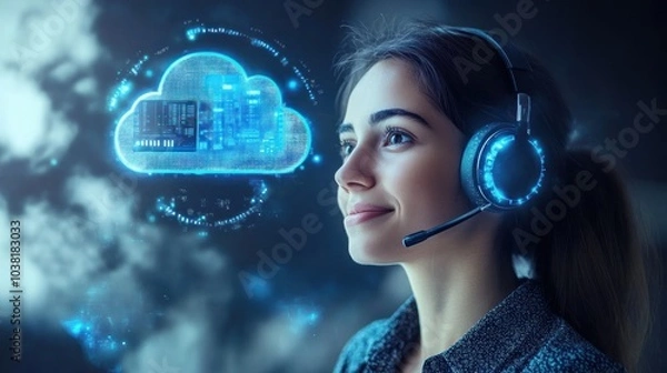 Fototapeta Woman Looking at Cloud Computing Concept