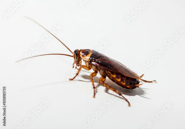 Fototapeta A close-up view of a cockroach on a white surface showcasing its details and features in natural light
