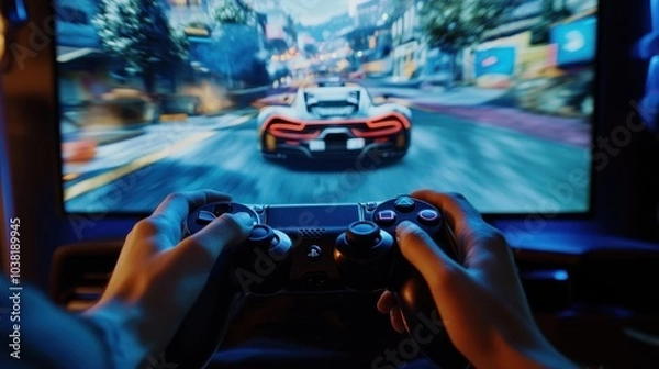 Fototapeta Gamer Holding a Controller with a Racing Game on the Screen