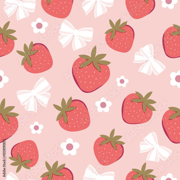 Fototapeta seamless pattern of strawberry , flower and  white bow on pastel pink background , vector , illustration