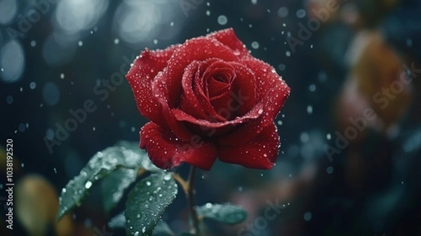 Fototapeta Red rose with water droplets on the petals.