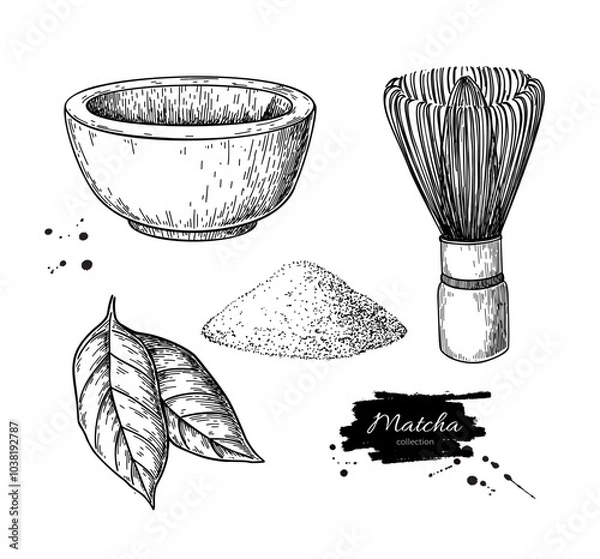 Fototapeta Matcha tea vector drawing. Bowl with matcha powder, green tea leaves, and bamboo whisk sketch. 