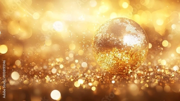 Fototapeta Shiny disco ball under golden lights with a bokeh effect for a party-themed banner