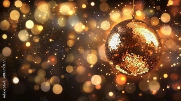 Fototapeta Shiny disco ball under golden lights with a bokeh effect for a party-themed banner