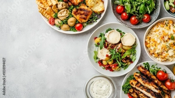 Fototapeta Delicious Dinner Spread with Grilled Chicken, Fresh Salads, and Assorted Vegetables on a Light Background
