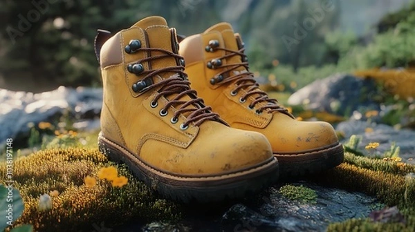 Fototapeta Pair of Touristic Boots on Moss

