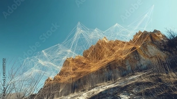 Fototapeta Abstract golden lines rising in a futuristic sky, symbolizing investment returns at a fintech event