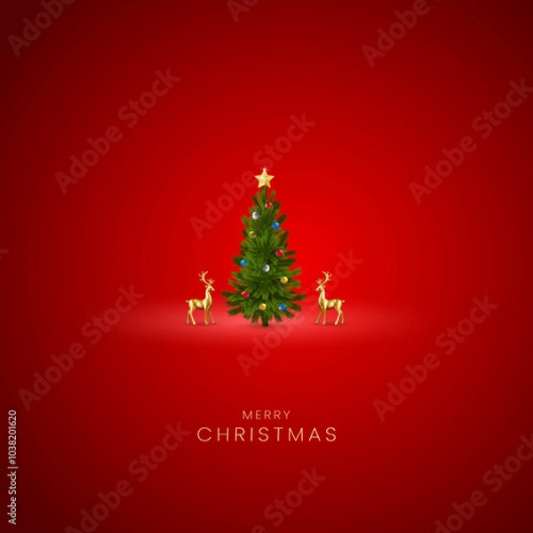 Fototapeta Merry Christmas, Happy New Year with christmas tree and balls. Realistic 3d elegant style. Winter Christmas background. Vector illustration
