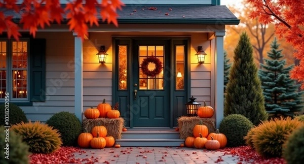 Fototapeta A charming autumn porch decorated with pumpkins, hay bales, and lanterns, as red and orange leaves gently swirl in the crisp evening air.