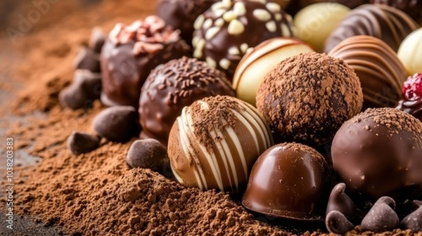 Fototapeta Close-up of chocolate truffles on a plate, with rich chocolate coatings and various toppings, surrounded by scattered cocoa powder. --chaos