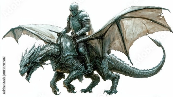 Fototapeta Illustration for a knight in shining armor riding a dragon