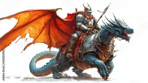 Fototapeta Illustration for a knight in shining armor riding a dragon