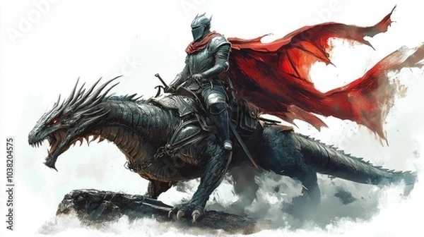 Fototapeta Illustration for a knight in shining armor riding a dragon