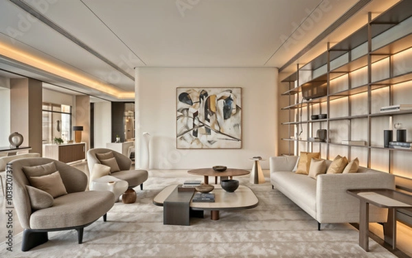Fototapeta A modern, elegant living room with a warm and inviting atmosphere. The design features plush armchairs, a sleek beige sofa, abstract wall art, and illuminated shelving