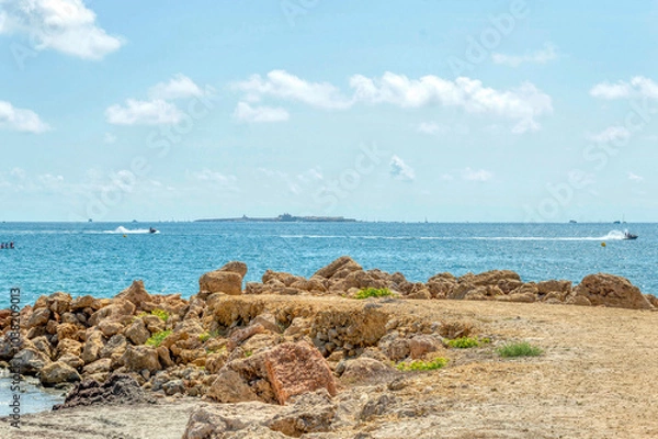 Fototapeta VIEW OF TWO WATER MOTORCYCLES SAILING AT FULL SPEED BETWEEN VARADERO BEACH AND TABARCA ISLAND ,HOLY  POLA, ALICANTE