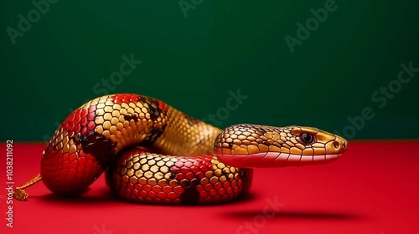 Obraz 3D snake for 2025 Chinese New Year. Full body, Chinese style, red gold green. Background. Perfect for zodiac, Lunar New Year designs, and premium projects.