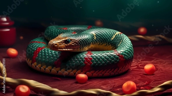 Obraz 3D snake for 2025 Chinese New Year. Full body, Chinese style, red gold green. Background. Perfect for zodiac, Lunar New Year designs, and premium projects.
