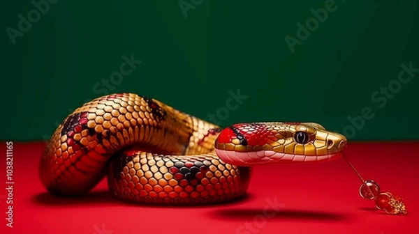 Obraz 3D snake for 2025 Chinese New Year. Full body, Chinese style, red gold green. Background. Perfect for zodiac, Lunar New Year designs, and premium projects.