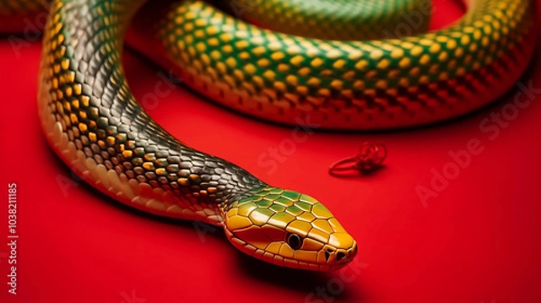 Obraz 3D snake for 2025 Chinese New Year. Full body, Chinese style, red gold green. Background. Perfect for zodiac, Lunar New Year designs, and premium projects.