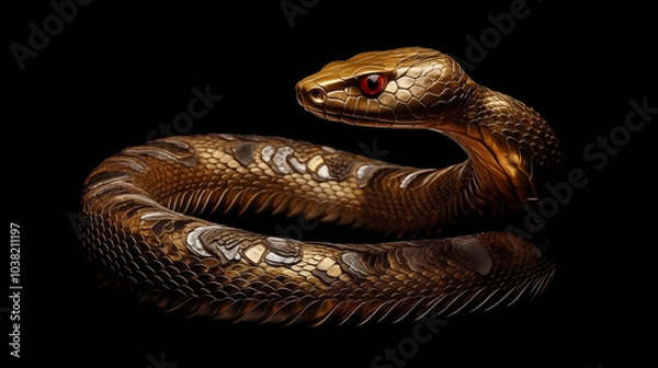 Obraz 3D gold snake for 2025 Chinese New Year. Full body, Chinese style, black background, with alpha path. Perfect for zodiac, Lunar New Year designs, and premium projects.
